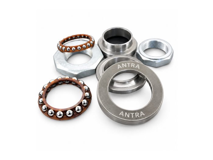 Antra steering bearing set: cone races marked ANTRA, caged ball retainers and lock nuts