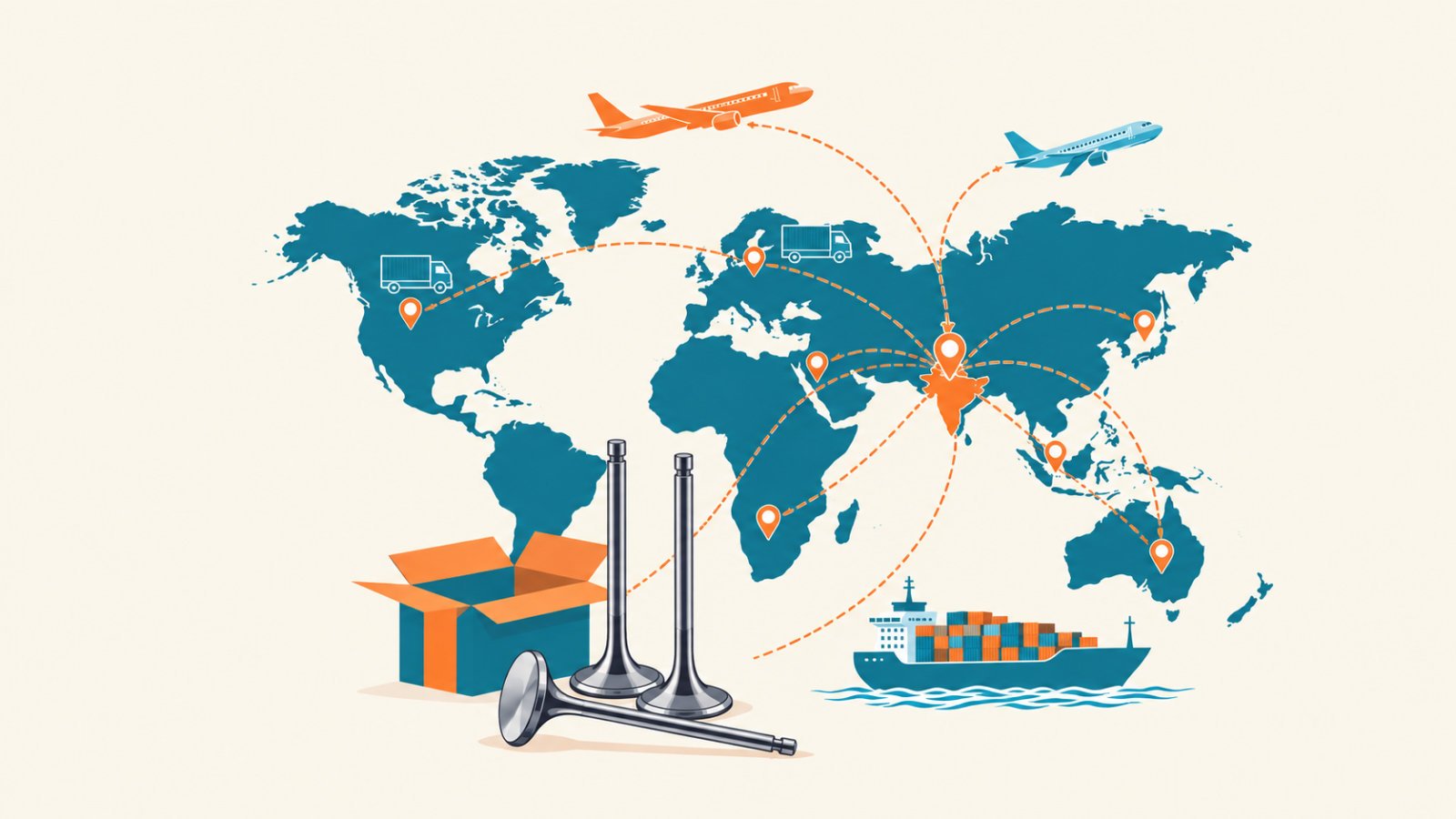 World map showing Antra Auto Tech's engine valve export routes from Rajkot, India to markets across Africa, the Middle East, Asia, Europe, the Americas and Australia