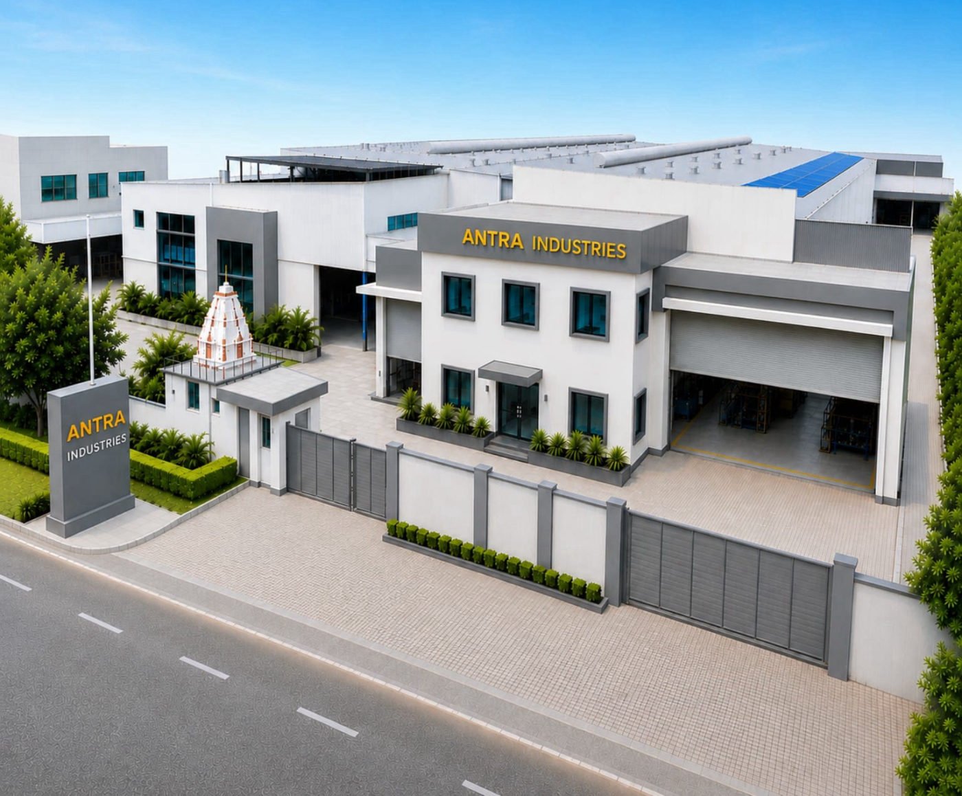 Antra Industries manufacturing facility and entrance gate in Metoda G.I.D.C., Rajkot