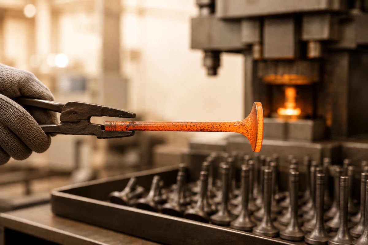 A hot-forged engine valve held in tongs at the forging press, with a tray of forged blanks below