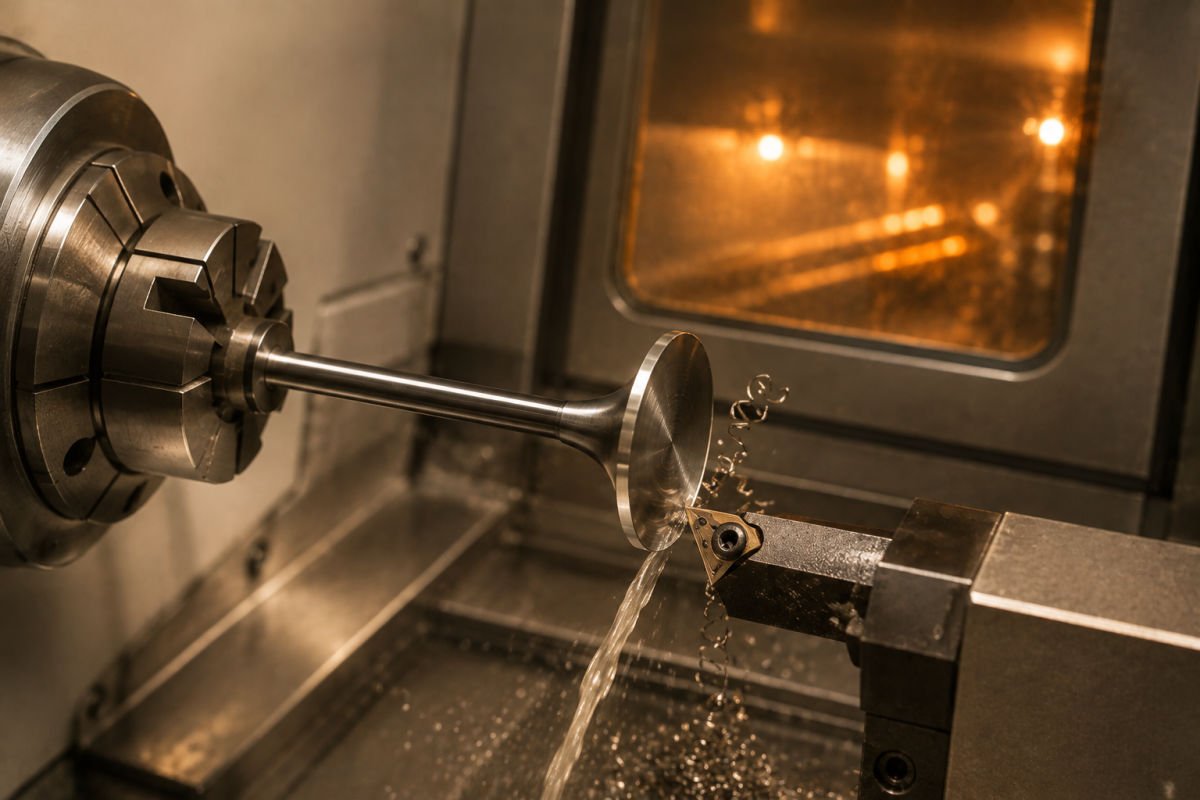 An engine valve held in a CNC lathe chuck while the head face is turned, with coolant flowing