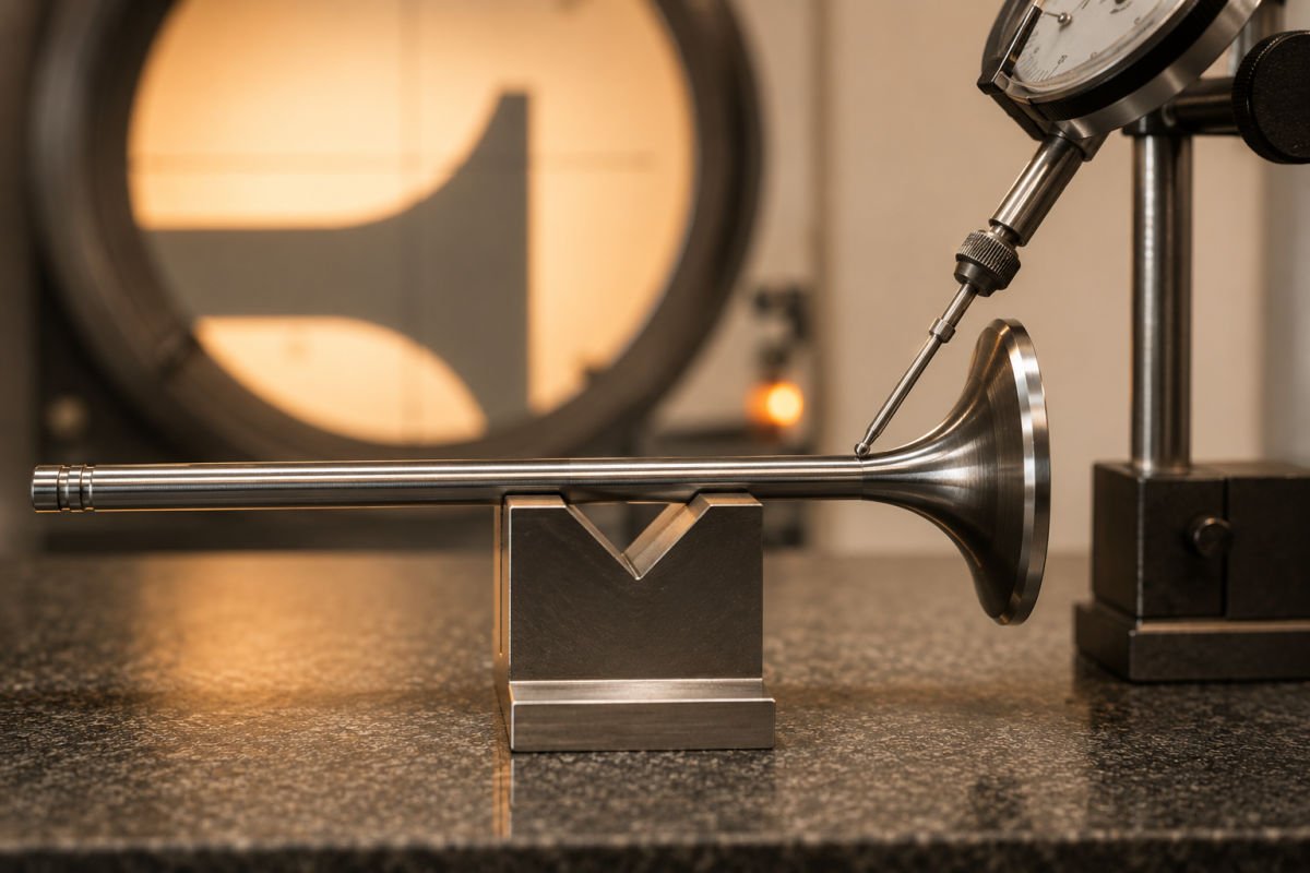 A valve on a V-block with a dial indicator on the underhead radius, profile projector behind