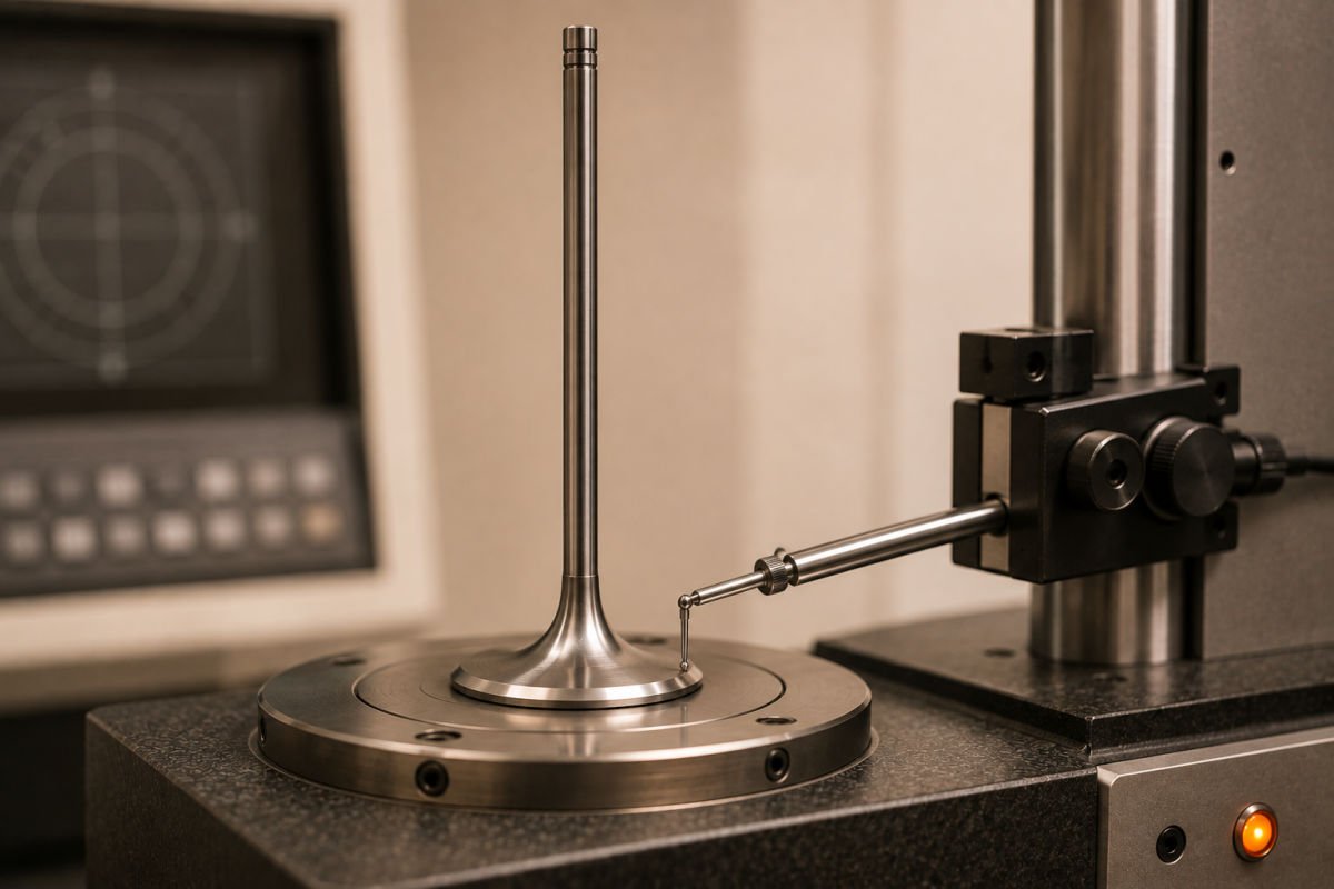 A valve standing on the rotary table of a roundness tester with the measuring probe in contact