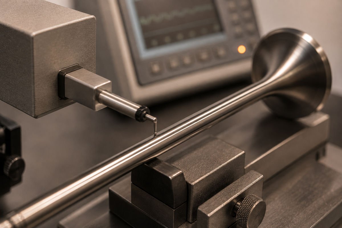 A surface roughness tester probe tracing along a valve stem, trace shown on the instrument display