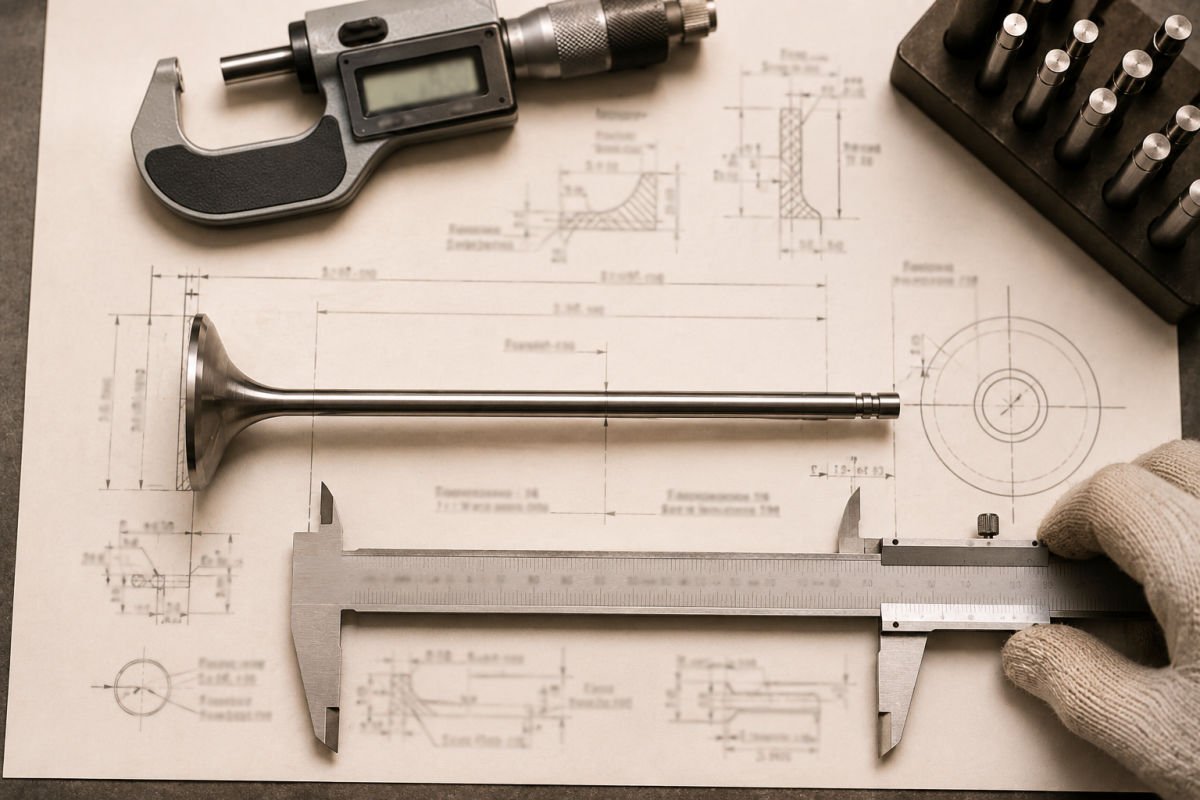 A finished valve laid on a dimensioned engineering drawing with a vernier caliper and micrometer