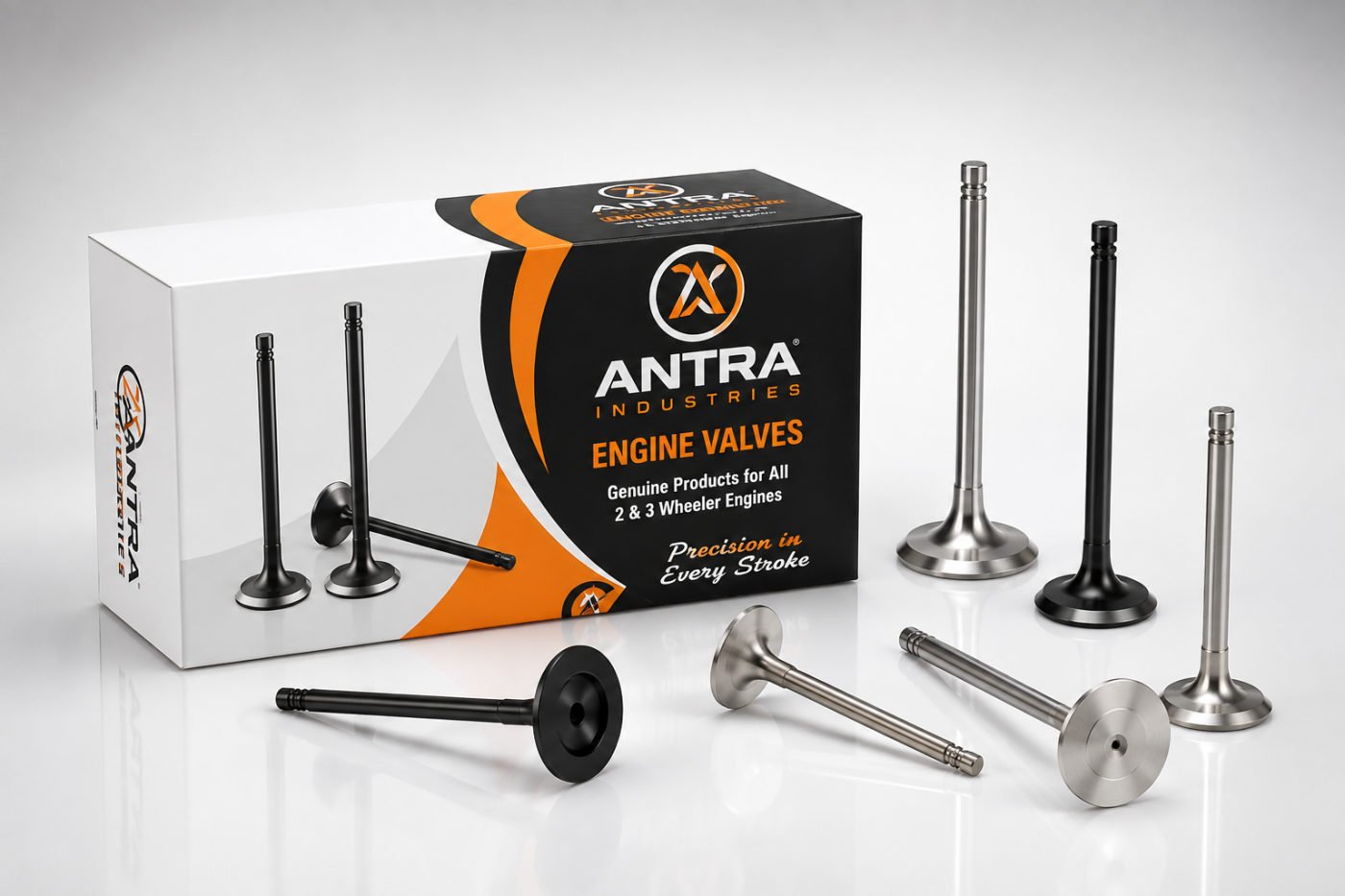 Antra Industries engine valve retail box with six intake and exhaust valves in bright and black finish arranged in front of it